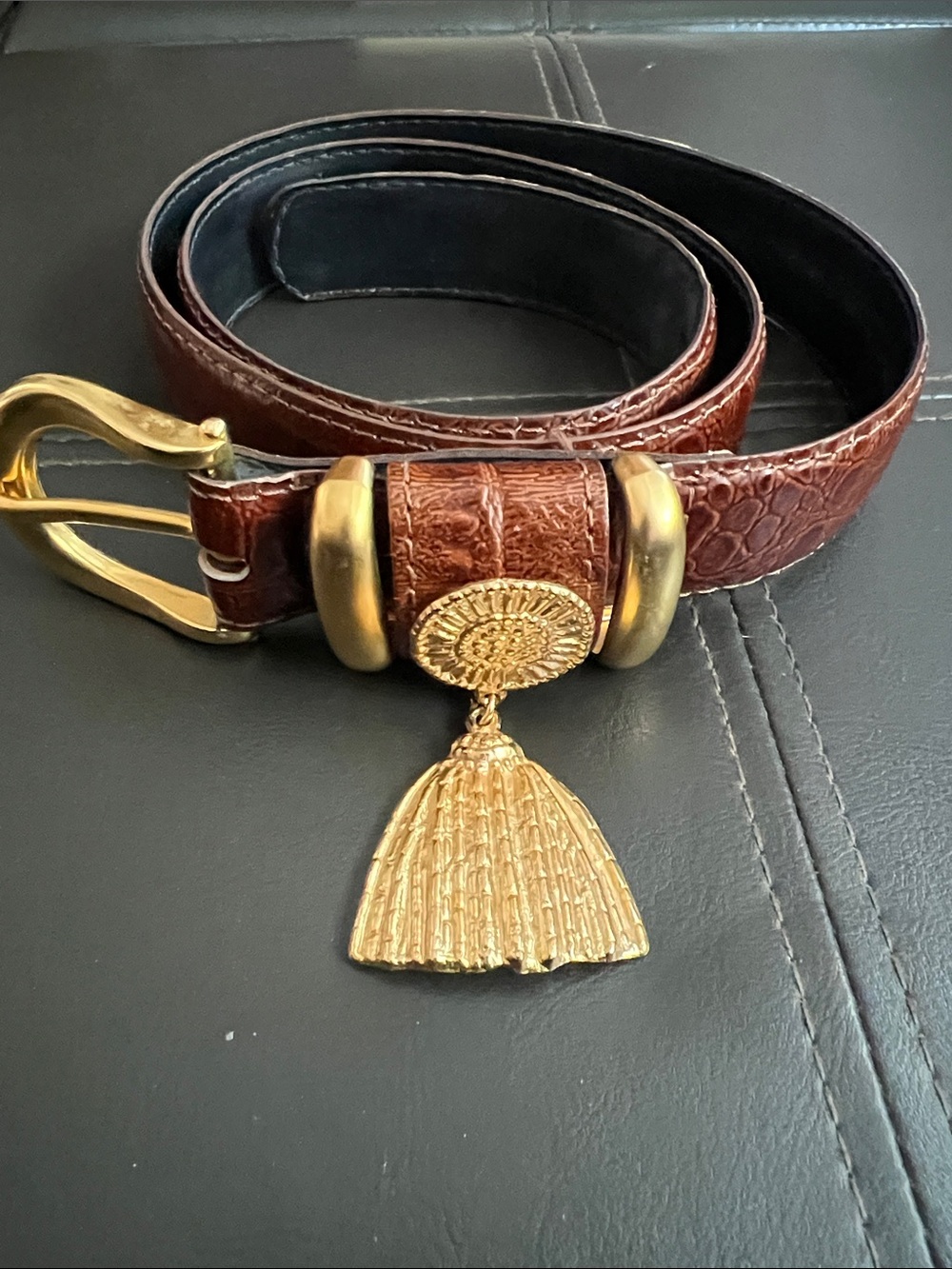 Vintage Leather Shop Brown Faux-Croc Embossed Leather Belt Gold Tassel Accent